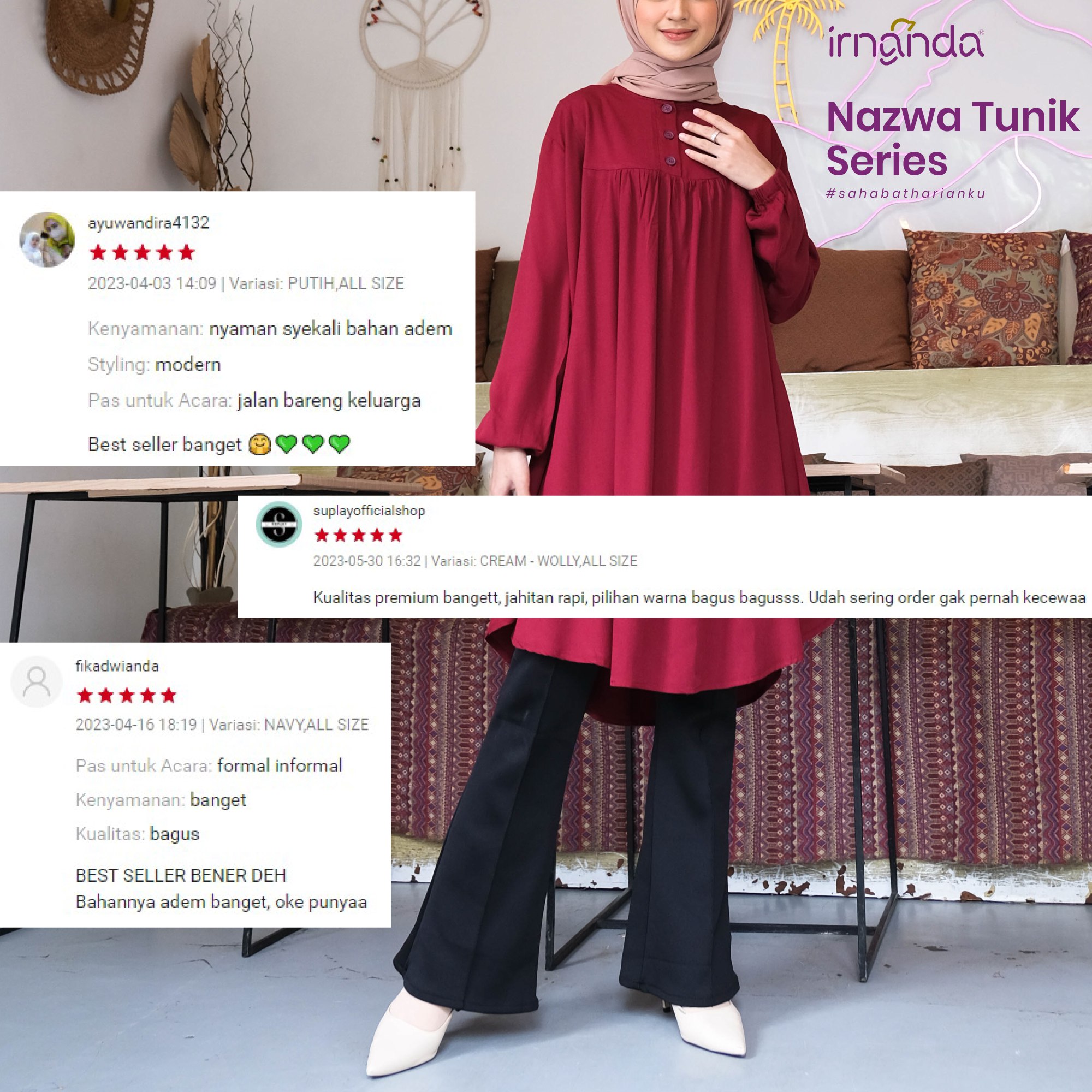 Irnanda Nazwa Tunik Polos Atasan Wanita Remaja Dewasa Oversize Bahan Rayon Twill Premium - Image 3