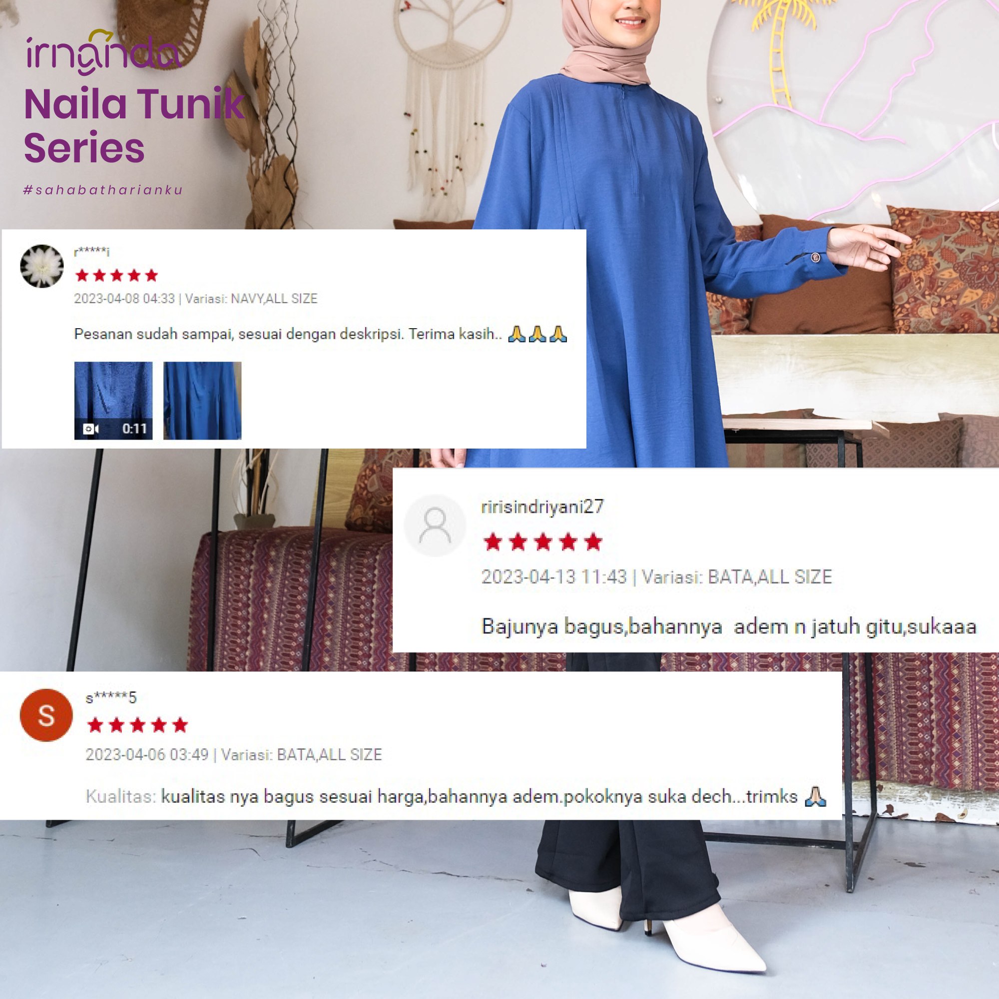 Irnanda Naila Tunik Polos Atasan Wanita Remaja Dewasa Oversize Bahan Crinkle Airflow Premium - Image 3