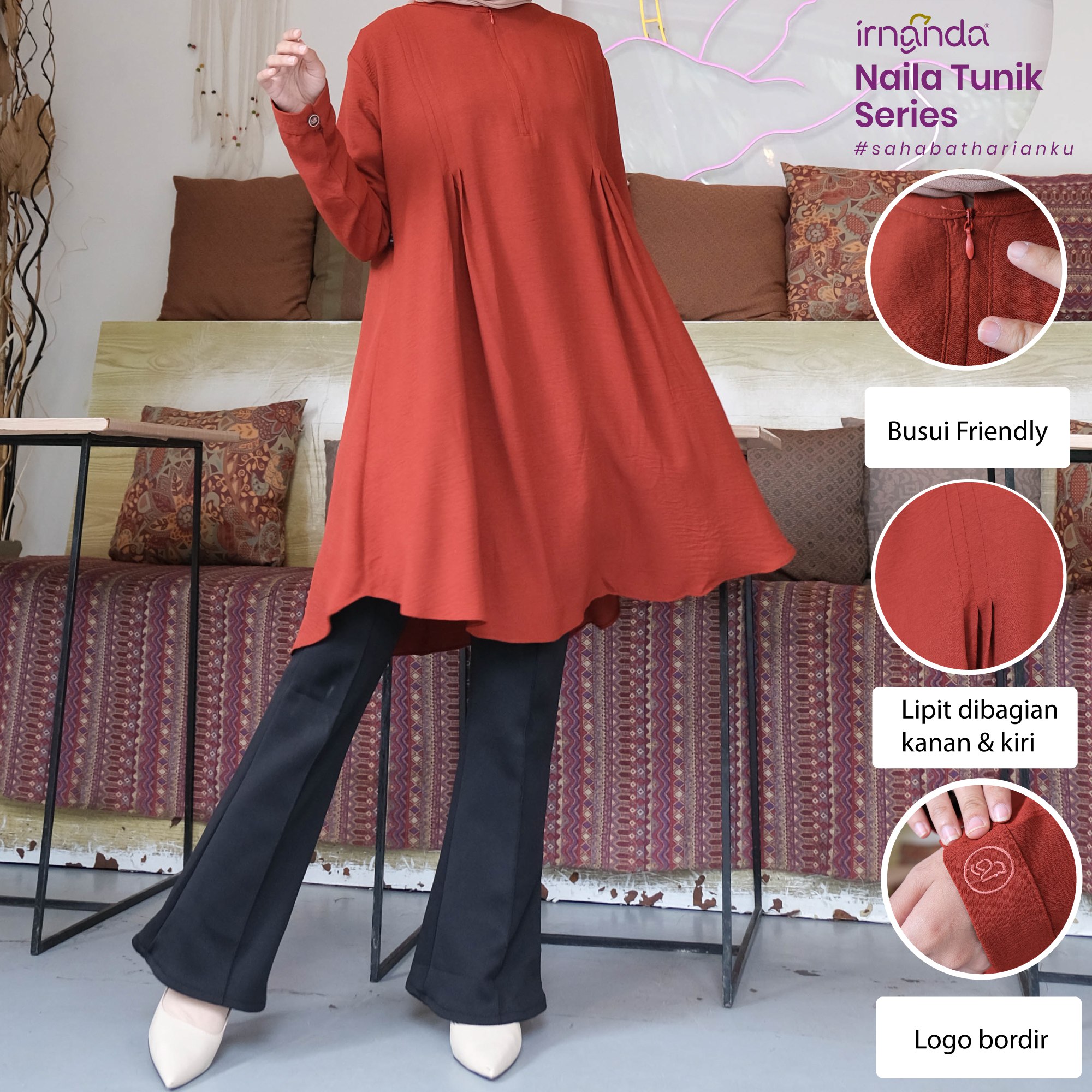 Irnanda Naila Tunik Polos Atasan Wanita Remaja Dewasa Oversize Bahan Crinkle Airflow Premium - Image 5