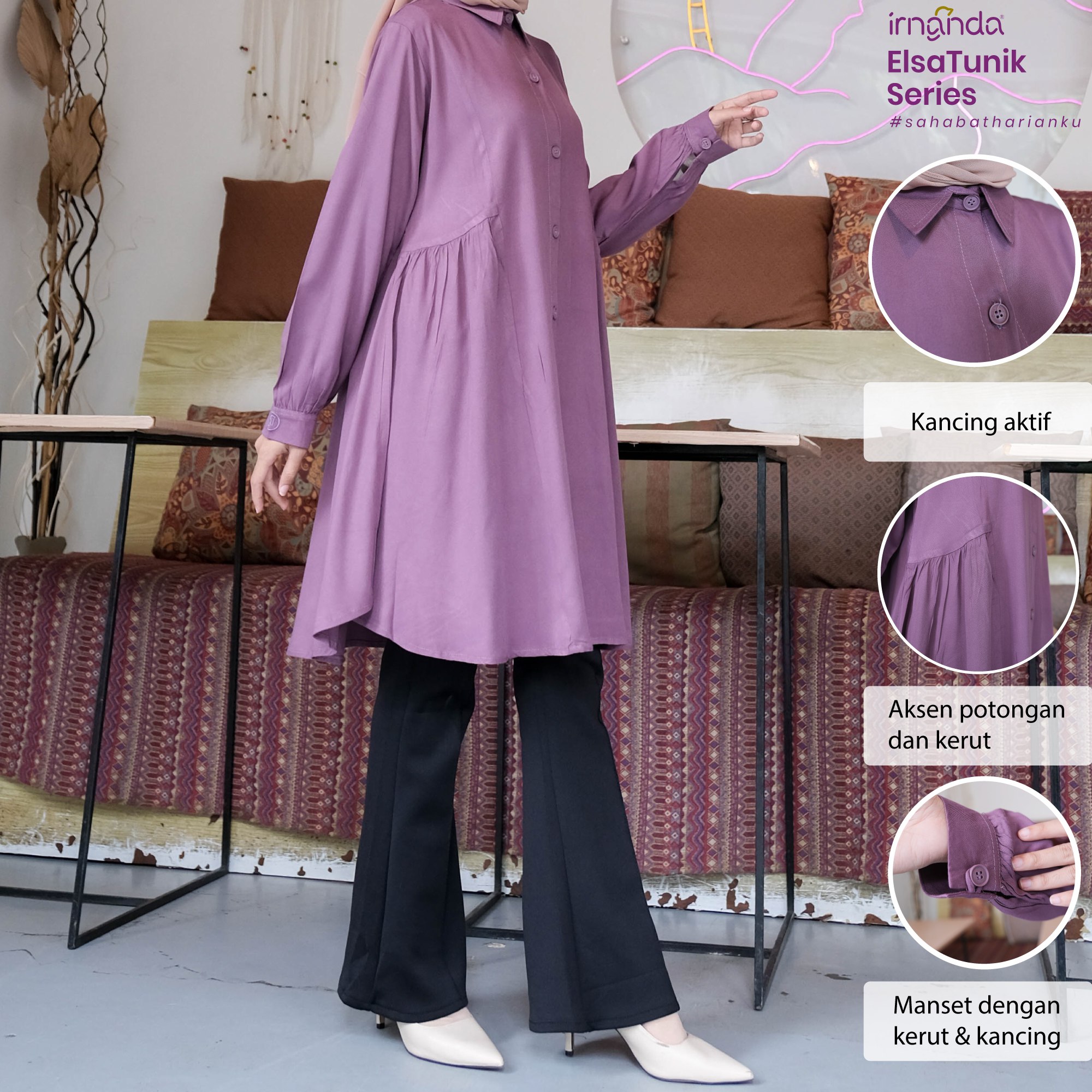 Irnanda Elsa Tunik Polos Atasan Wanita Remaja Dewasa Oversize Bahan Rayon Twill Premium - Image 4
